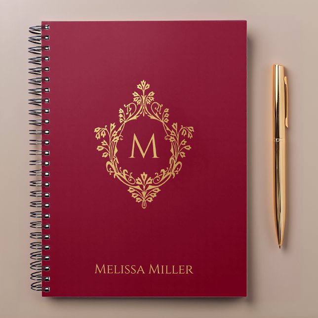 Burgundy Monogram Vintage Faux Gold Crest Name Notebook (Creator Uploaded)