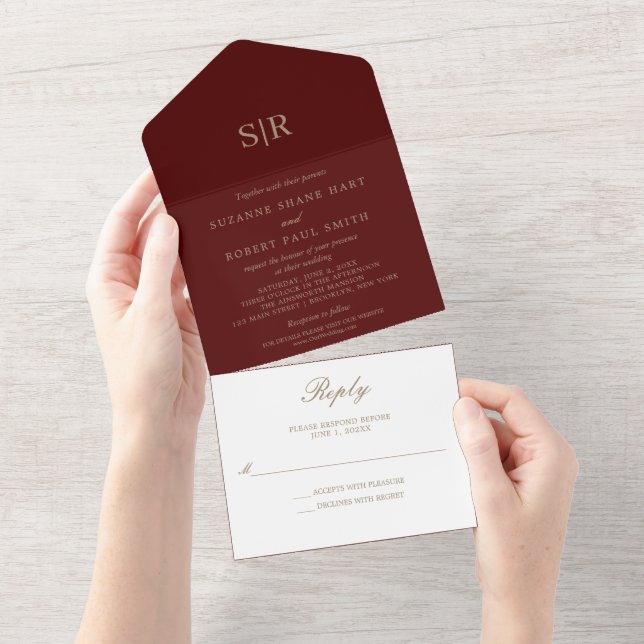 Burgundy Monogram Wedding All All In One Invitation (Tearaway)