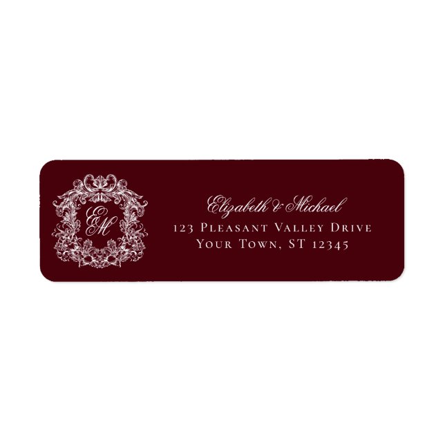 Burgundy Monogram Wedding Crest Return Address Label (Front)