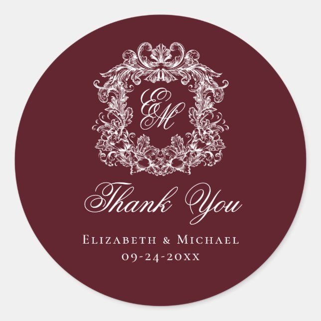 Burgundy Monogram Wedding Crest Thank You Classic Round Sticker (Front)