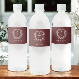 Burgundy Monogram Wedding Floral Crest Water Bottle Label