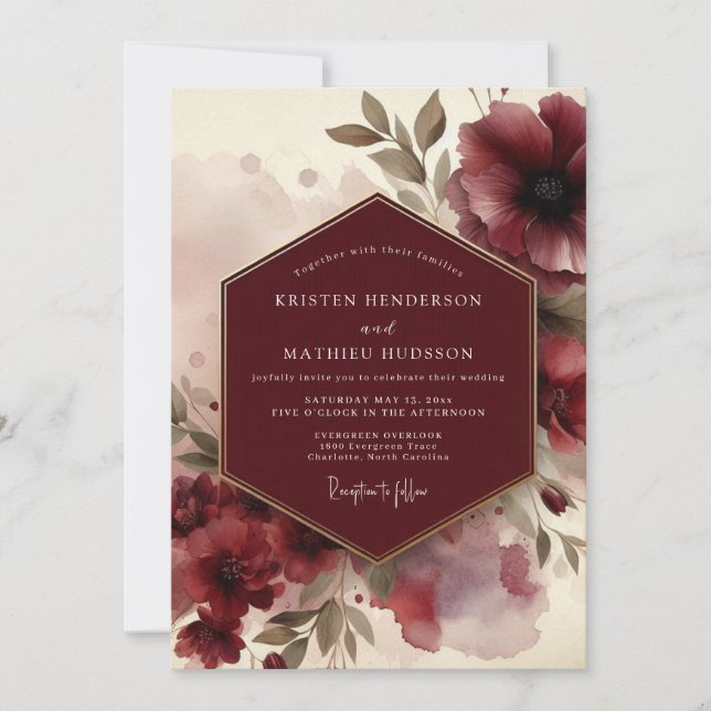 Burgundy Moody Bloom Wedding Invitation (Front)