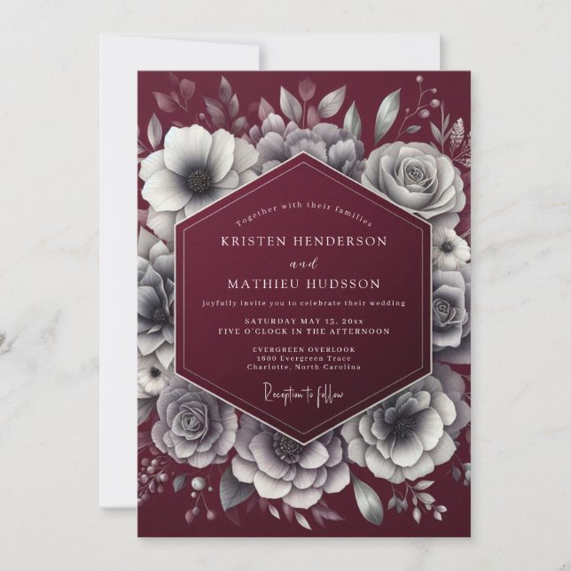 Burgundy Moody Floral Elegance Wedding Invitation (Front)