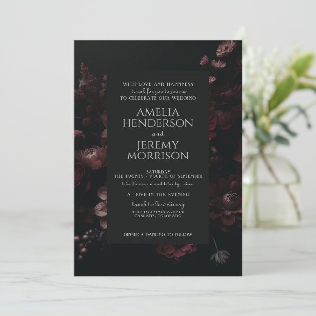 Burgundy Moody Floral Invitation (Standing Front)