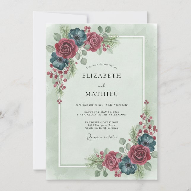 Burgundy Moody Winter Floral Wedding Invitation (Front)