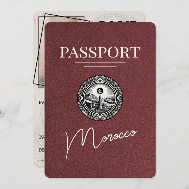 Burgundy Morocco Passport Save The Date (Front/Back)