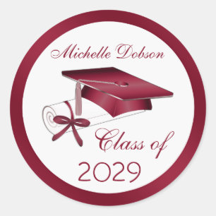Burgundy mortar, diploma Graduation Classic Round Sticker