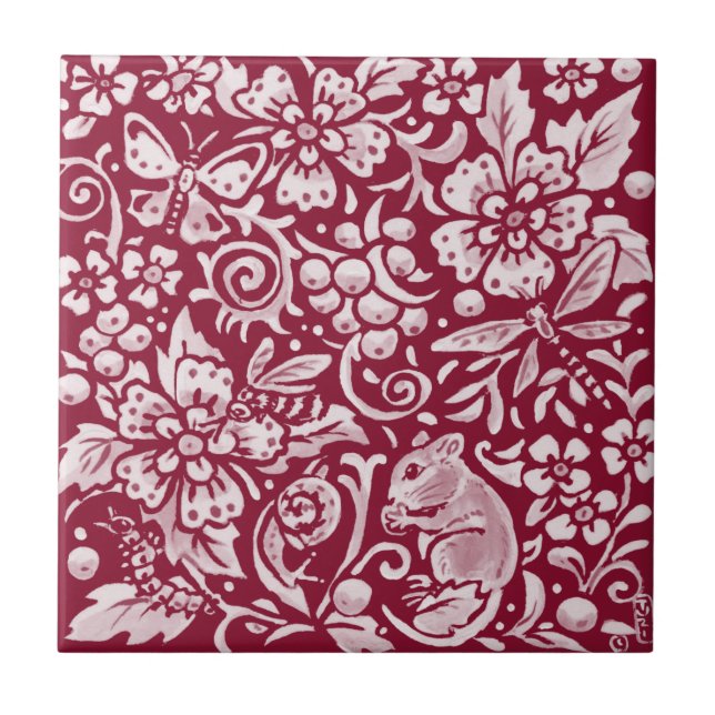 Burgundy Mouse Maroon Woodland Animal Ornate Ceramic Tile (Front)