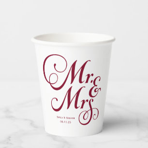 Burgundy mr and mrs modern rustic personalised paper cups