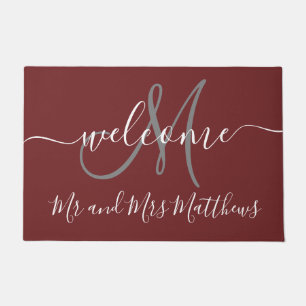 Burgundy Mr and Mrs Monogram Script Wedding Doormat