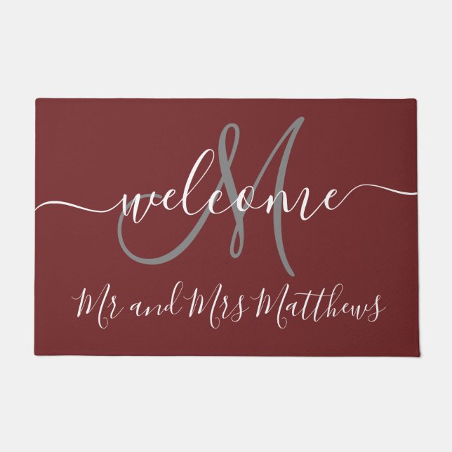 Burgundy Mr and Mrs Monogram Script Wedding Doormat (Front)
