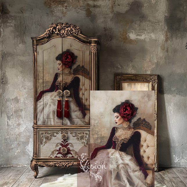 Burgundy Muse, Elegant Portrait & Floral Tissue Paper (Burgundy Muse, Beautiful sitting woman, elegant portrait & floral, decoupage tissue paper)