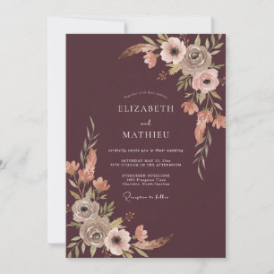 Burgundy Muted Peach Floral Wedding Invitation