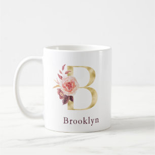 Burgundy Name and Pink Floral Monogram Letter B Co Coffee Mug