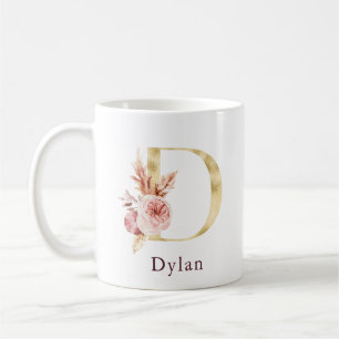Burgundy Name and Pink Floral Monogram Letter D Coffee Mug