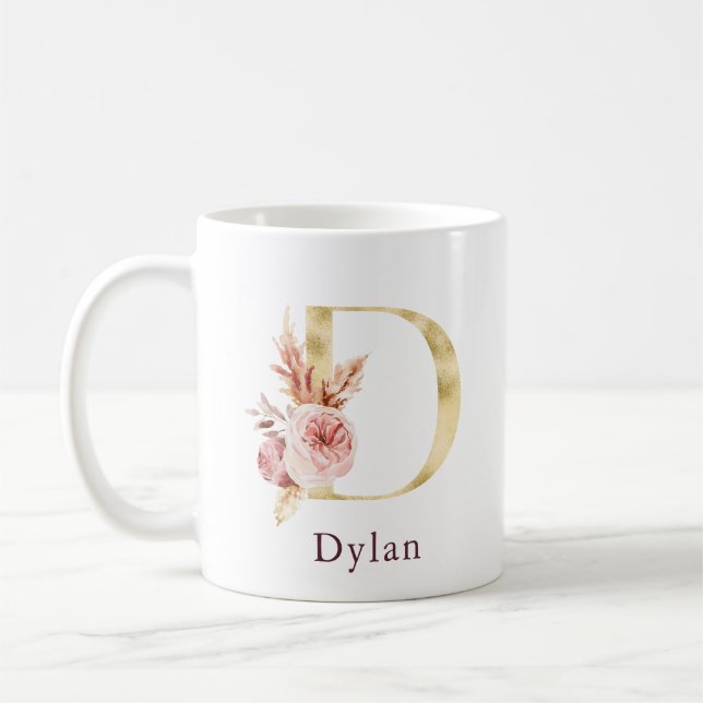 Burgundy Name and Pink Floral Monogram Letter D Coffee Mug (Left)