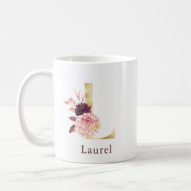 Burgundy Name and Pink Floral Monogram Letter L Coffee Mug (Left)