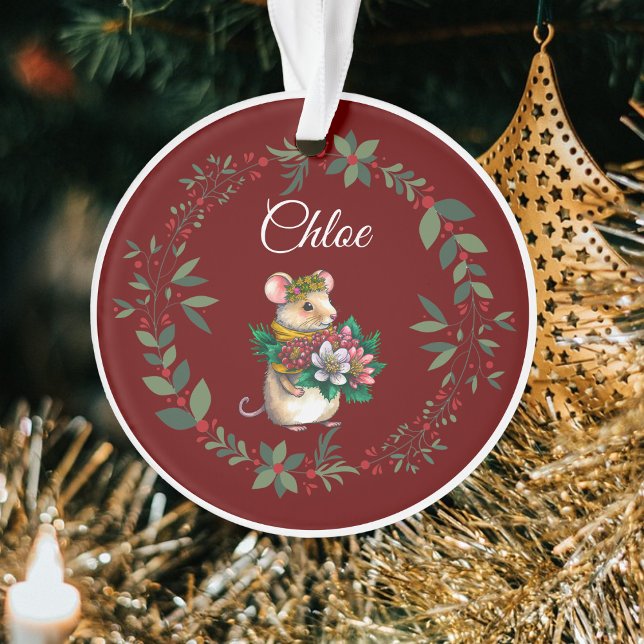 Burgundy Name Cute Mouse Christmas Tree  Ornament (Creator Uploaded)
