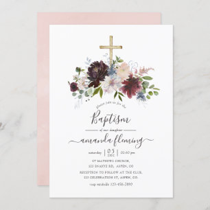 Burgundy, Navy and Blush Floral Baptism Invitation
