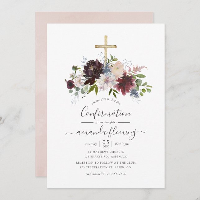 Burgundy, Navy and Blush Floral Confirmation Invitation (Front/Back)