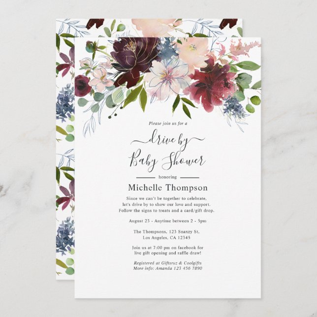 Burgundy, Navy and Blush Floral Drive By Shower Invitation (Front/Back)