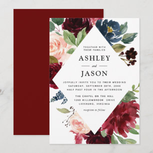 Burgundy Navy and Blush Floral Geometric Wedding Invitation