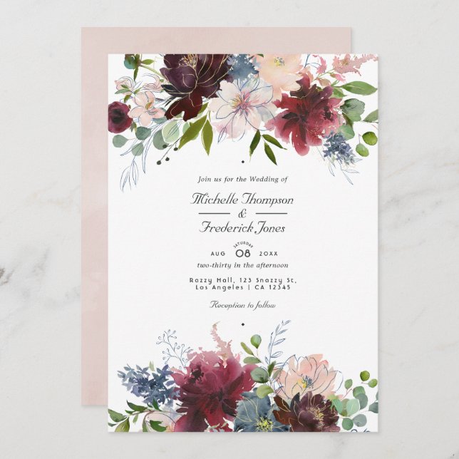 Burgundy, Navy and Blush Floral QR Code Wedding Invitation (Front/Back)
