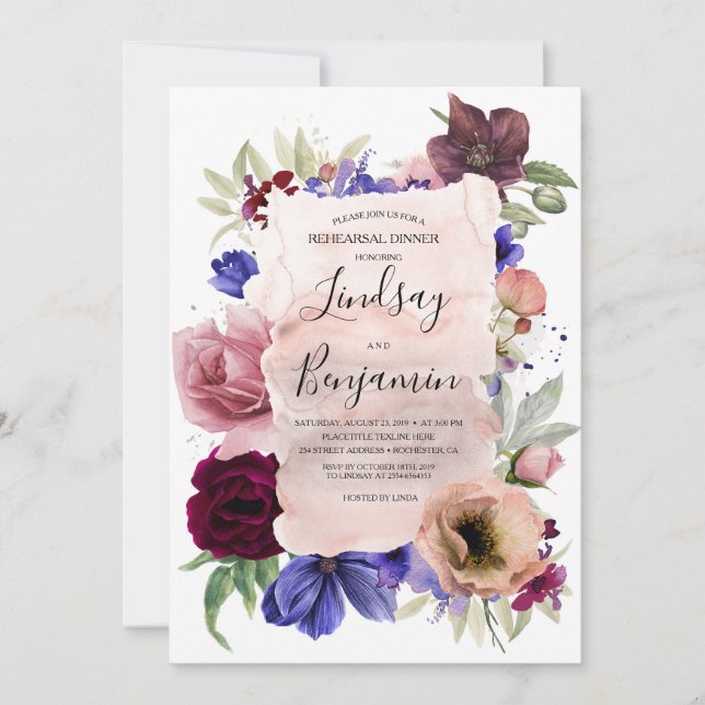 Burgundy Navy and Blush Floral Rehearsal Dinner Invitation (Front)