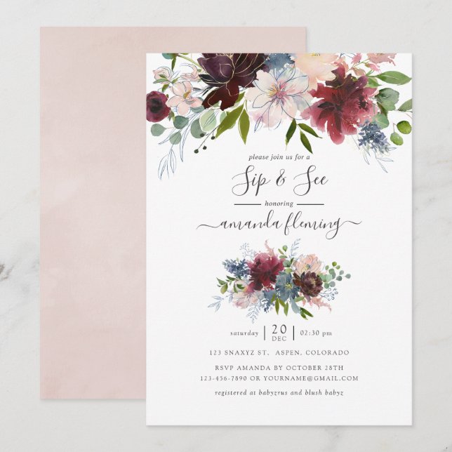 Burgundy, Navy and Blush Floral Sip and See Invitation (Front/Back)