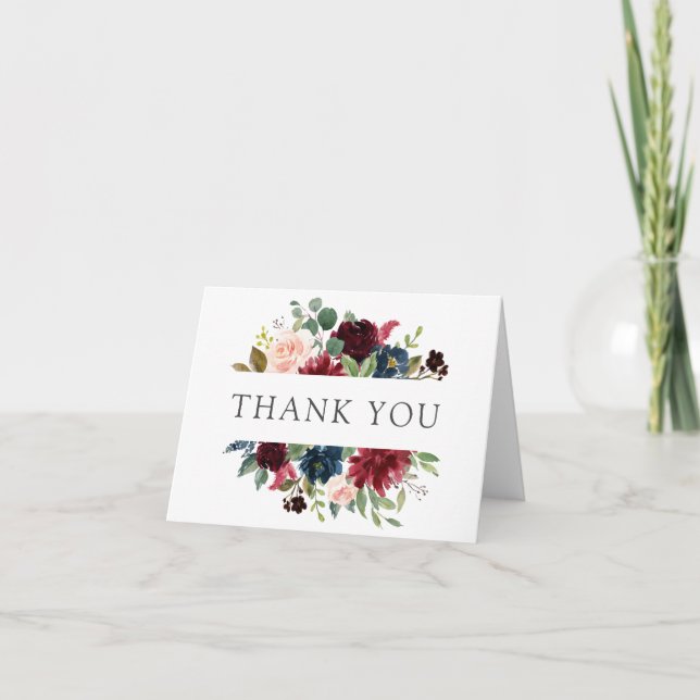 Burgundy Navy and Blush Floral Thank You Card (Front)