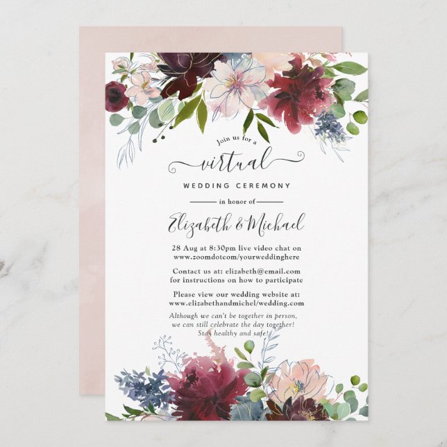 Burgundy, Navy and Blush Floral Virtual Wedding Invitation (Front/Back)