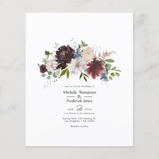 Burgundy, Navy and Blush Floral Wedding Flyer (Front)