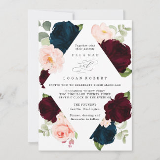 Burgundy Navy and Blush Floral Wedding Invitation