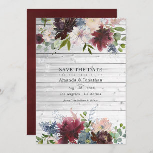 Burgundy, Navy and Blush Floral Wedding Photo Save The Date