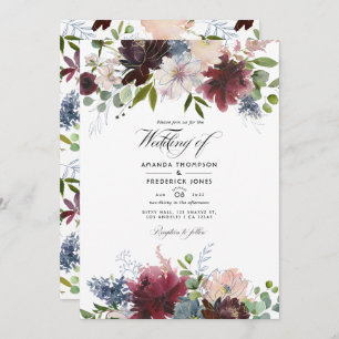Burgundy, Navy and Blush Floral Wedding Update Inv Invitation