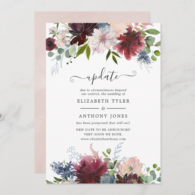 Burgundy, Navy and Blush Floral Wedding Update Invitation (Front/Back)