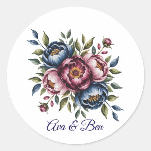 Burgundy Navy and Blush Peony Wedding Floral Classic Round Sticker