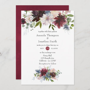 Burgundy, Navy and Blush Pink Floral Wedding Invitation