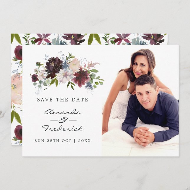 Burgundy, Navy and Blush Pink Wedding Save The Date (Front/Back)