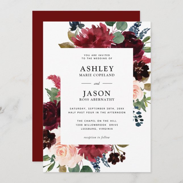 Burgundy Navy and Blush Watercolor Floral Wedding Invitation (Front/Back)