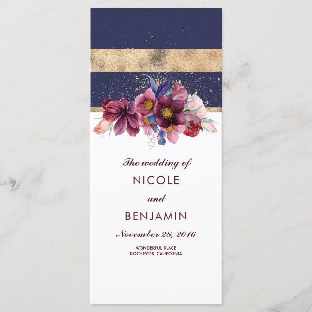 Burgundy Navy and Gold Floral Wedding Programs (Front)