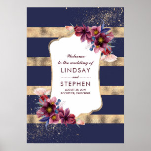 Burgundy Navy and Gold Floral Wedding Welcome Poster