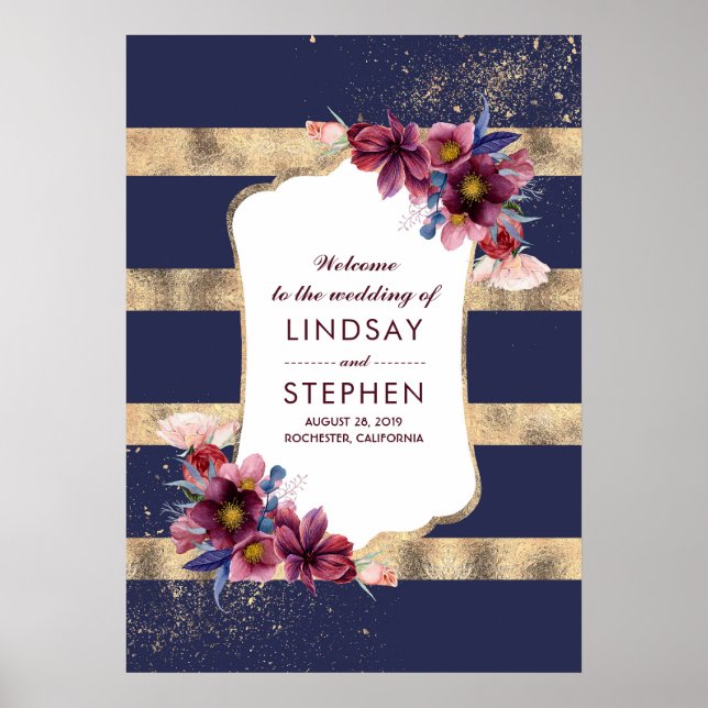 Burgundy Navy and Gold Floral Wedding Welcome Poster (Front)