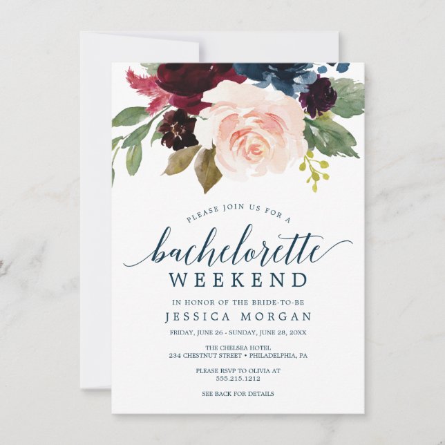 Burgundy Navy Bachelorette Weekend Itinerary Invitation (Front)