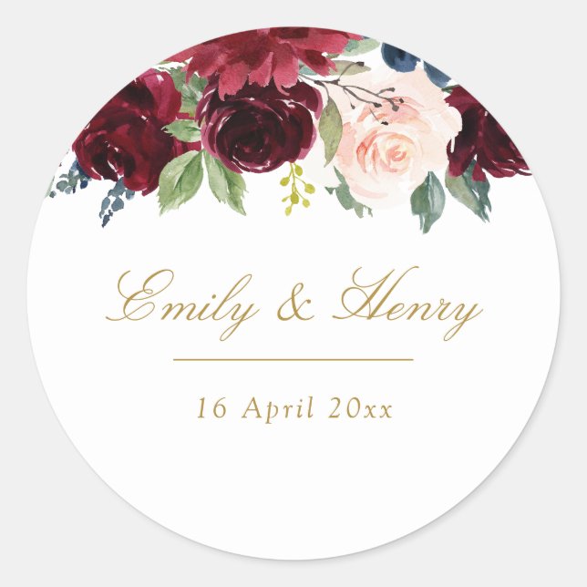 Burgundy navy blooms wedding sticker (Front)