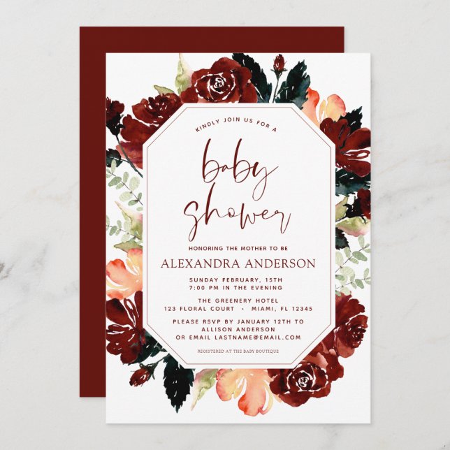 Burgundy Navy Blue Baby Shower Floral Elegant Invi Invitation (Front/Back)