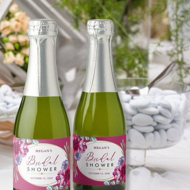 Burgundy Navy Blue Bloom Bridal Shower Mini Bottle Sparkling Wine Label (Creator Uploaded)
