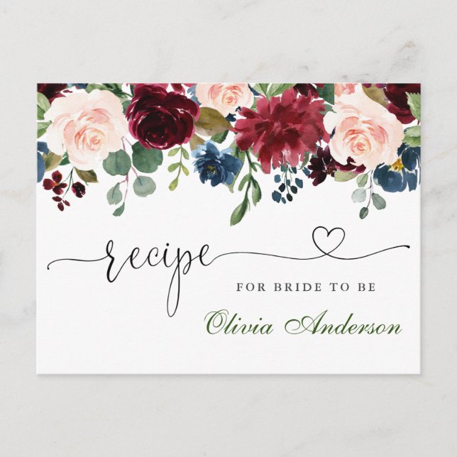 Burgundy Navy Blue Blush Bridal Shower Recipe Card (Front)