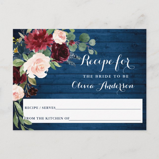Burgundy Navy Blue Blush Bridal Shower Recipe Card (Front)
