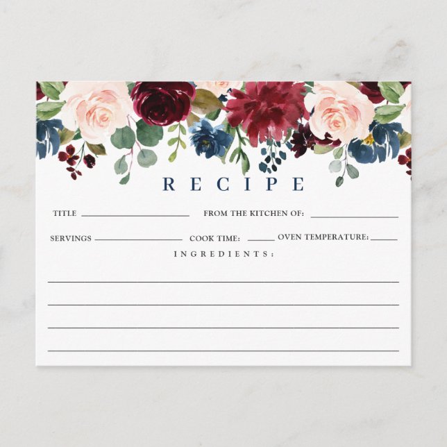 Burgundy Navy Blue Blush Bridal Shower Recipe Card (Front)